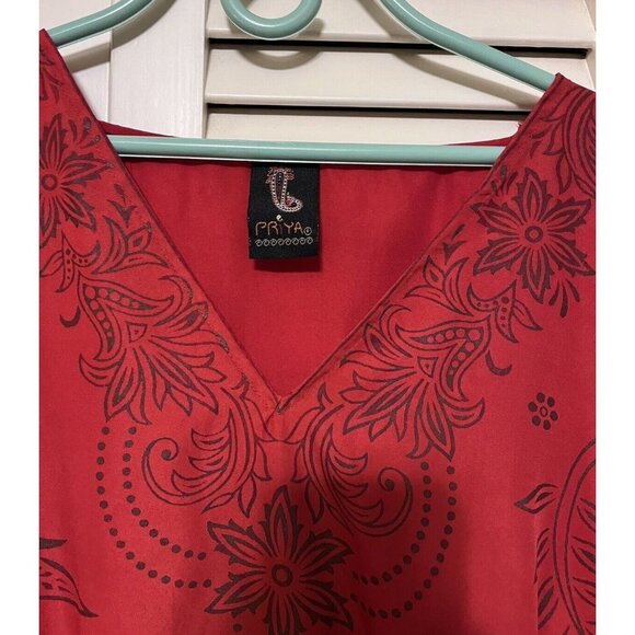 Red Priya One Size Floral BOHO Festival V Neck Kaftan Pullover Cover Up Tunic - Picture 3 of 6